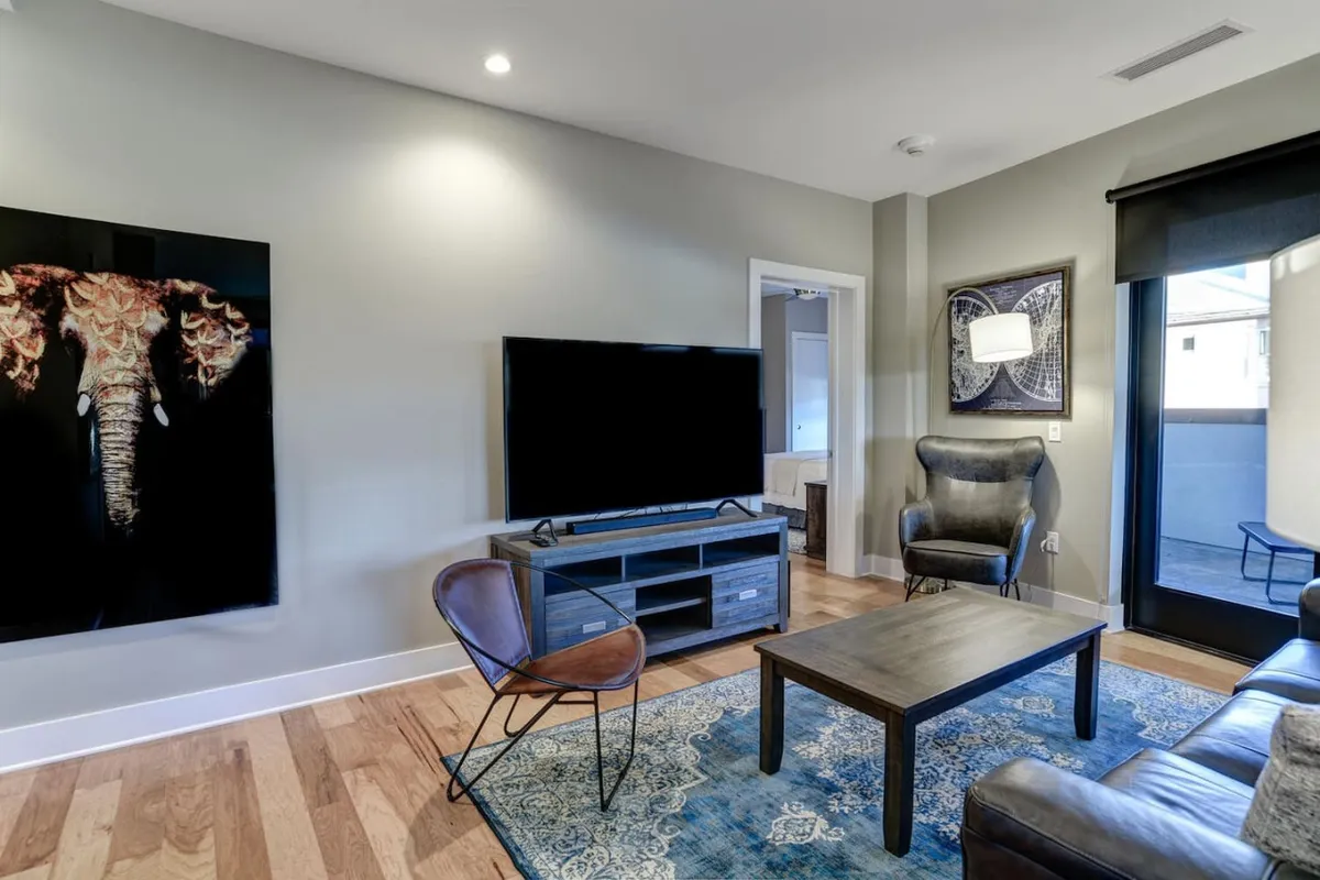 A contemporary and cozy seating area with unique elephant artwork, a television, a patterned rug, and comfortable seating. Soft lighting and artistic touches add to the urban retreat atmosphere.